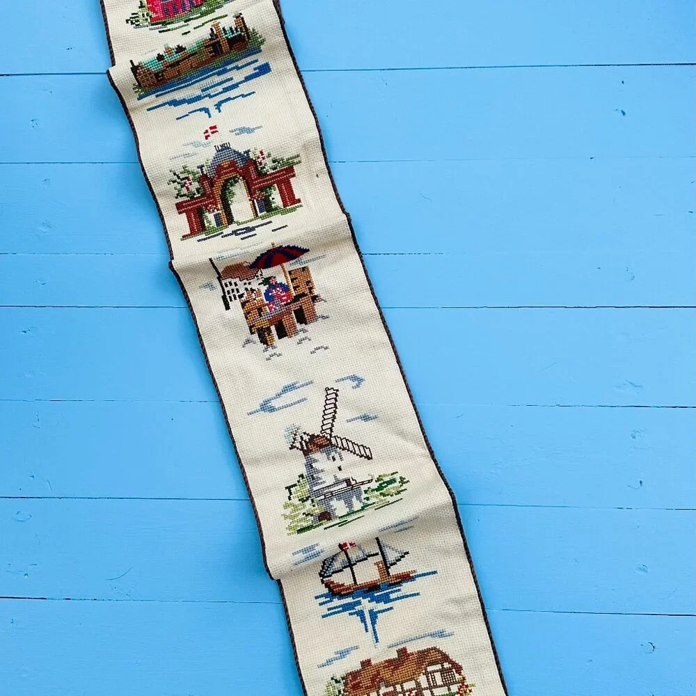Vintage Embroidered Wall Hanging Tapestry Windmill Sailboat European Scenic 42